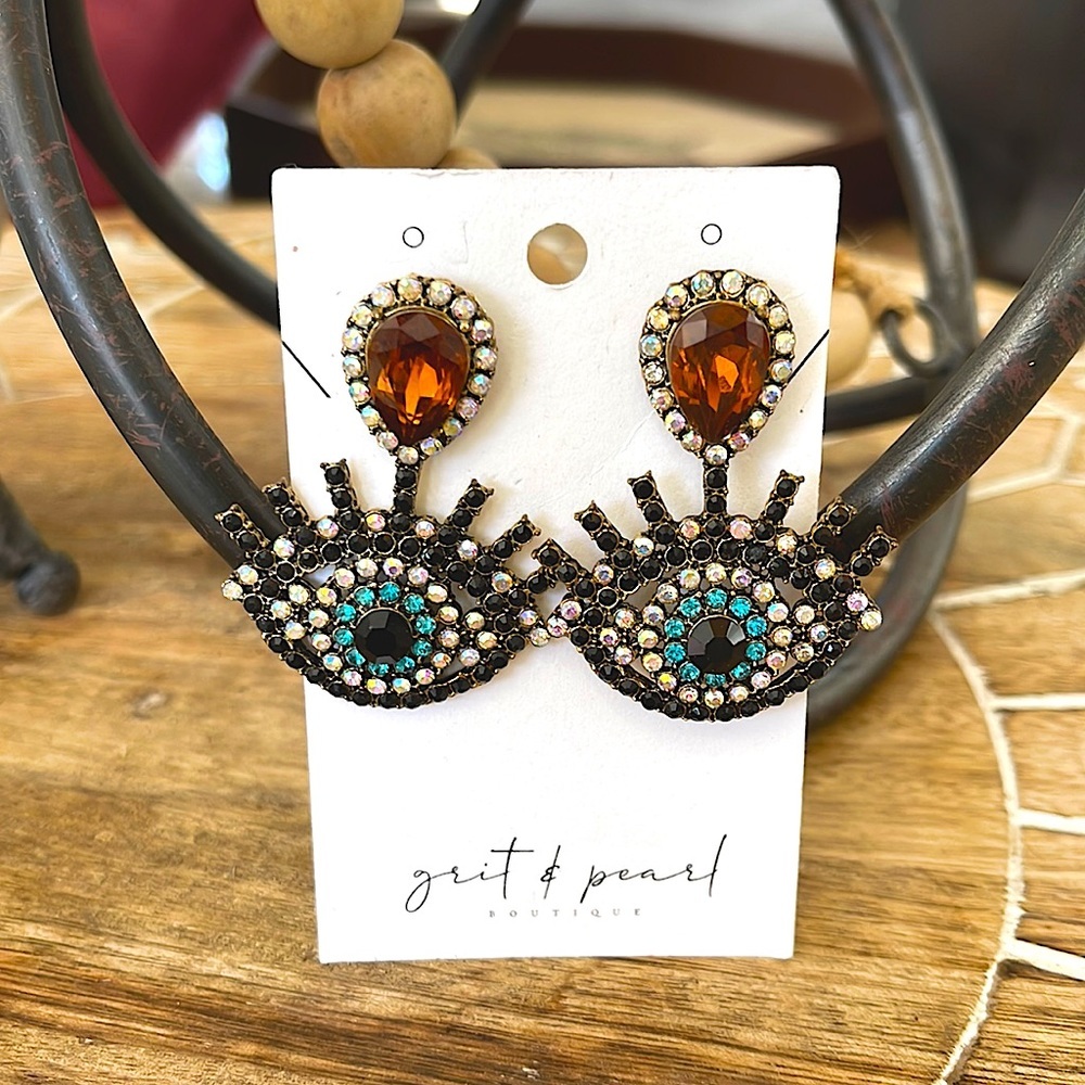 Jeweled Evil Eye Rhinestone Statement Drop Earrings